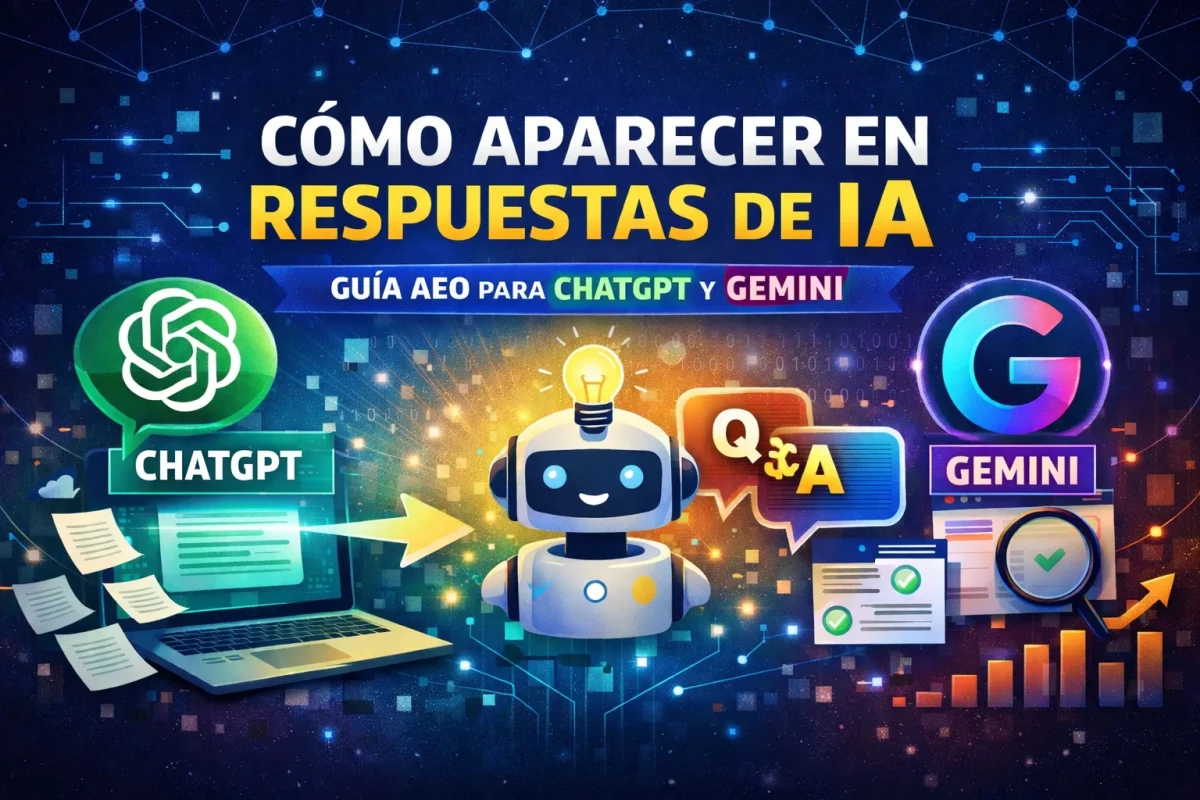 Imagen sobre cómo aparecer en respuestas de IA con ChatGPT y Gemini mostrando estrategia AEO y posicionamiento en inteligencia artificial.