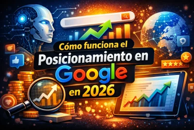 Imagen sobre cómo funciona el posicionamiento en Google en 2026 mostrando factores SEO, inteligencia artificial, análisis de datos y crecimiento de tráfico web.