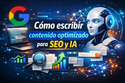 Imagen sobre cómo escribir contenido optimizado para SEO y IA mostrando estrategia de posicionamiento en Google y motores de inteligencia artificial.