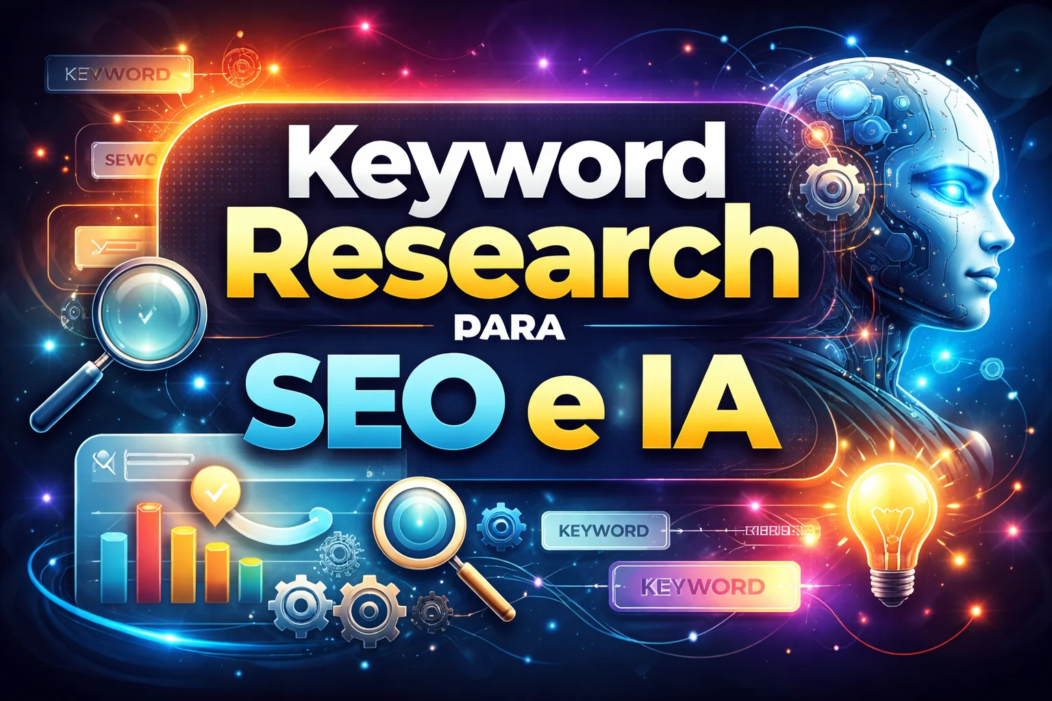 Imagen sobre keyword research para SEO y IA mostrando análisis de palabras clave, intención de búsqueda y estrategia de posicionamiento en buscadores y motores generativos.