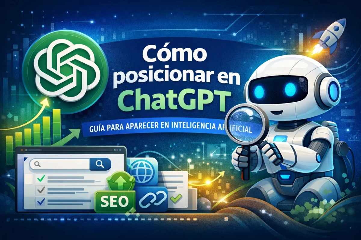 Imagen sobre cómo posicionar contenido en ChatGPT mostrando estrategia GEO, SEO e inteligencia artificial aplicada al posicionamiento web.