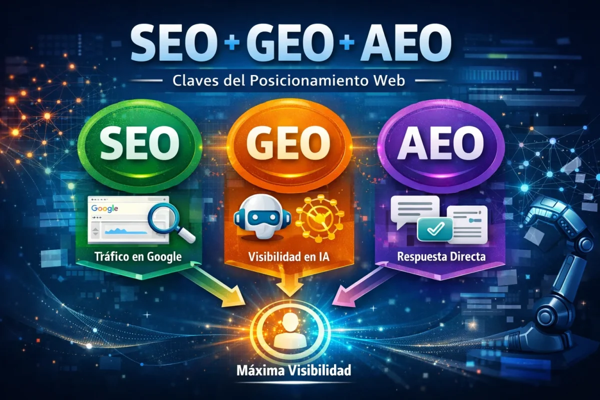 Infografía que explica las diferencias entre SEO, GEO y AEO y cómo funcionan en el posicionamiento web actual