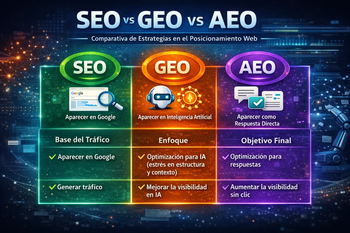 Comparativa visual entre SEO, GEO y AEO mostrando sus diferencias en posicionamiento web, tráfico, inteligencia artificial y respuestas directas