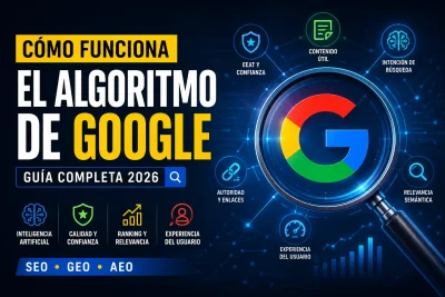 Imagen sobre cómo funciona el algoritmo de Google en 2026 con inteligencia artificial, SEO, EEAT, relevancia semántica y factores de posicionamiento.