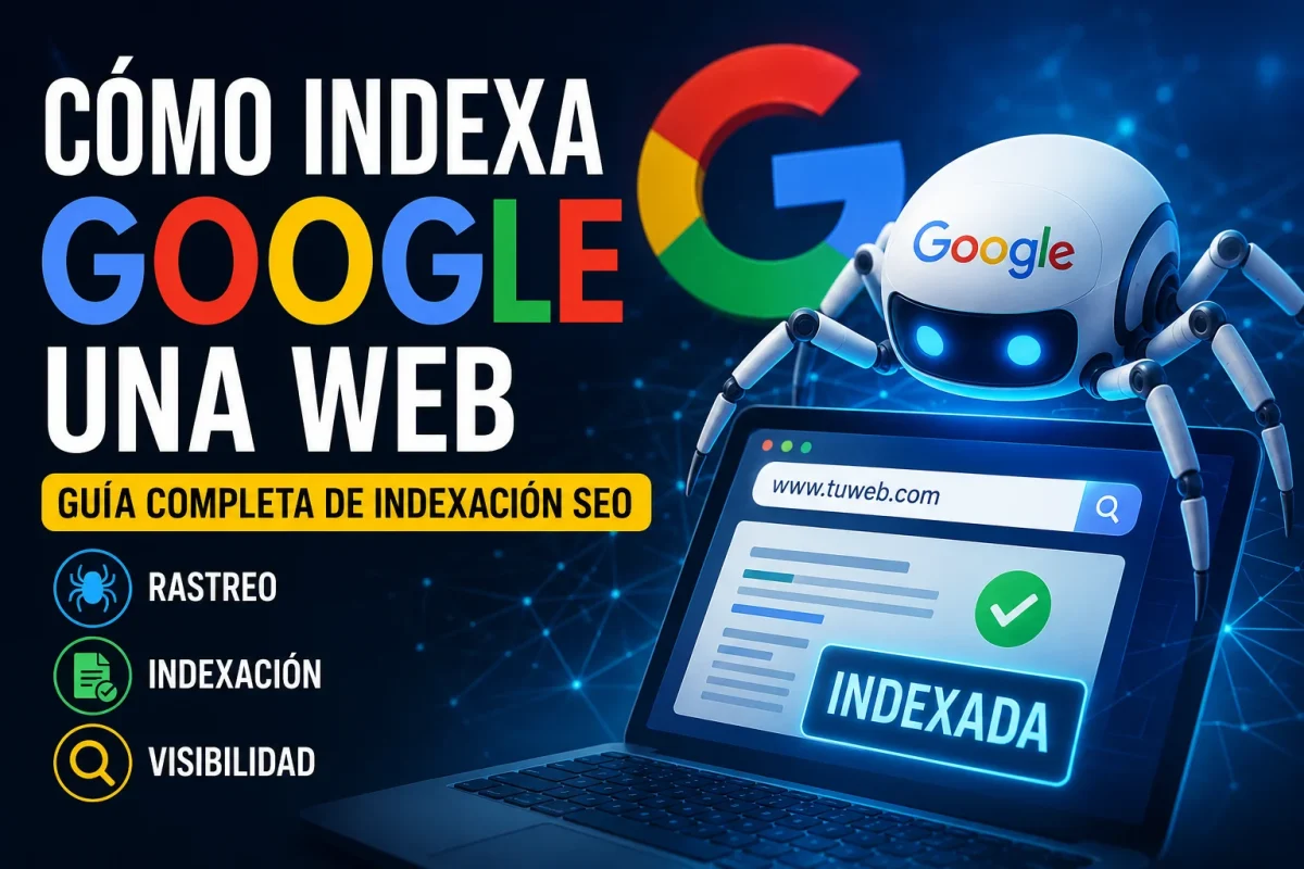 Imagen sobre cómo indexa Google una web con rastreo, indexación SEO, Googlebot y posicionamiento en buscadores