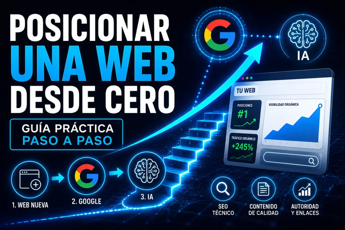 Ilustración sobre cómo posicionar una web desde cero mostrando crecimiento SEO, visibilidad en Google, motores de inteligencia artificial, tráfico orgánico y estrategia de posicionamiento web.