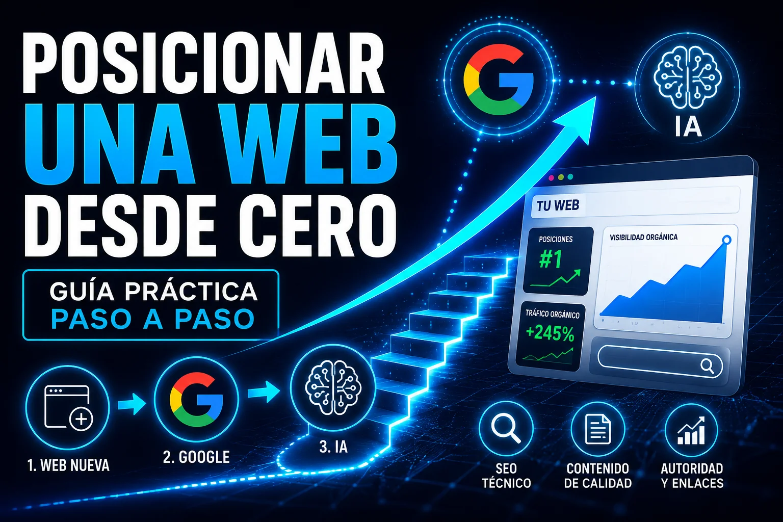 Ilustración sobre cómo posicionar una web desde cero mostrando crecimiento SEO, visibilidad en Google, motores de inteligencia artificial, tráfico orgánico y estrategia de posicionamiento web.